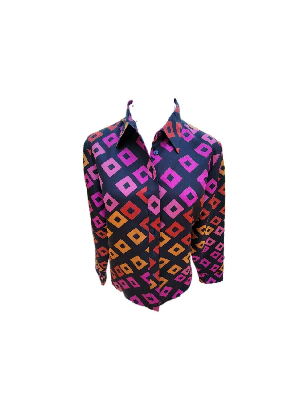 VTG P.I.A.N.O. Womens 6 100% Silk Blouse Geometric Retro Square Abstract Shirt